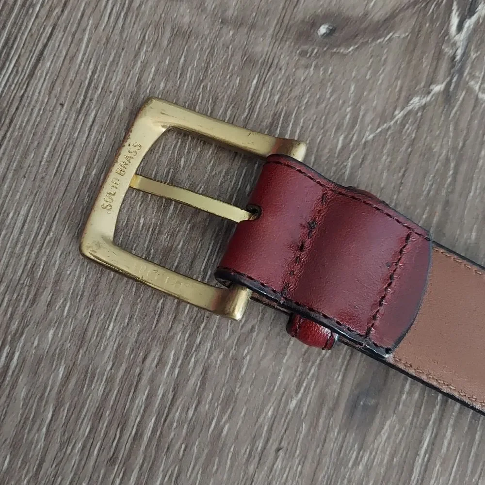 Land's End Men's Red Leather Belt Solid Brass Buckle 34
